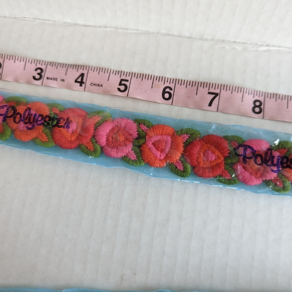 48" of vintage thick embroidered ribbon retro orange and pink flowers blue